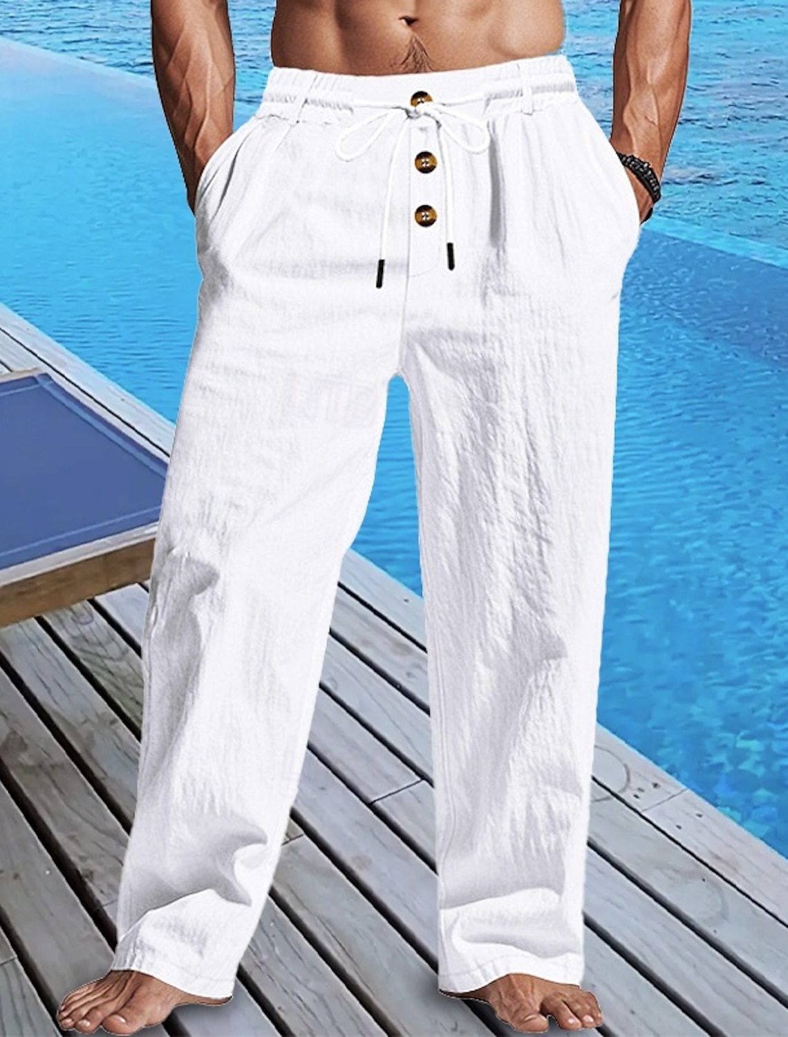 Men's Linen Pants Trousers Summer Beach Buttons Pocket Drawstring