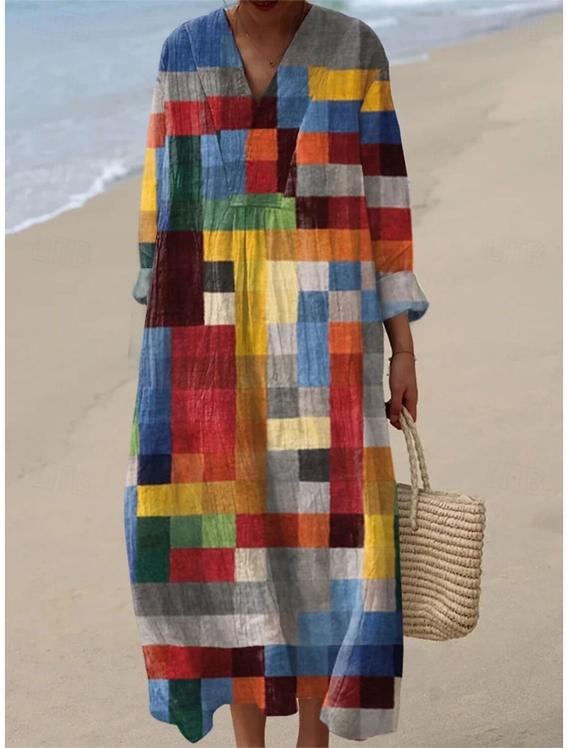 Women's Midi Dress V Neck Long Sleeve Kaftan Lightweight Loose Fit A Line Dress Casual Boho Party Going out Loose Fit Graphic Geometric Stripe Long Sleeve V Neck Black Yellow Blue Orange