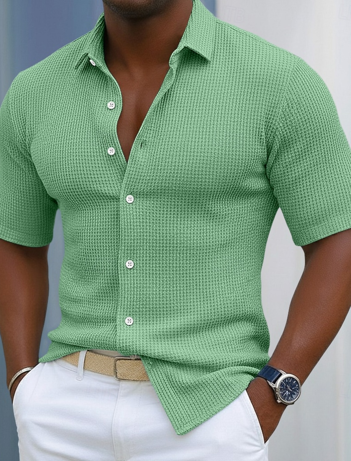 Men's Shirt Waffle Texture Casual Button Up Black White Wine Navy B #2