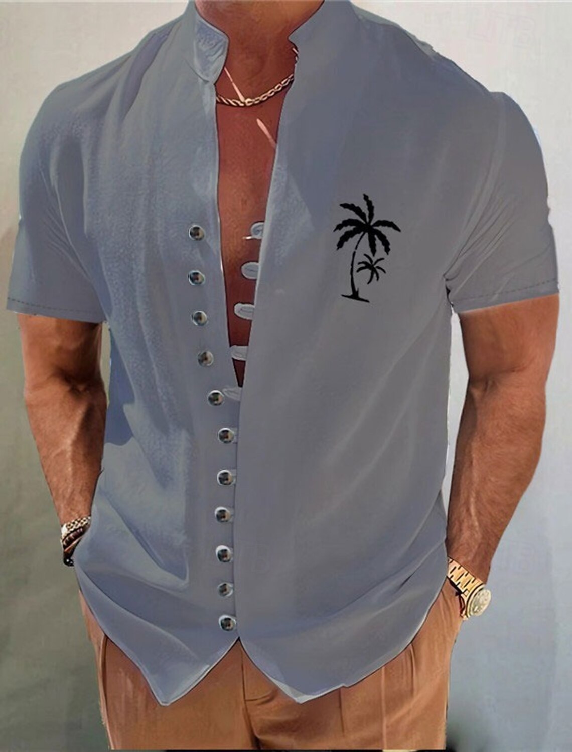 Men's Cotton Linen Shirt Coconut Tree Graphic Prints Stand Collar White Blue Khaki Gray Outdoor Street Short Sleeve Print Clothing Apparel Fashion Streetwear Designer Casual