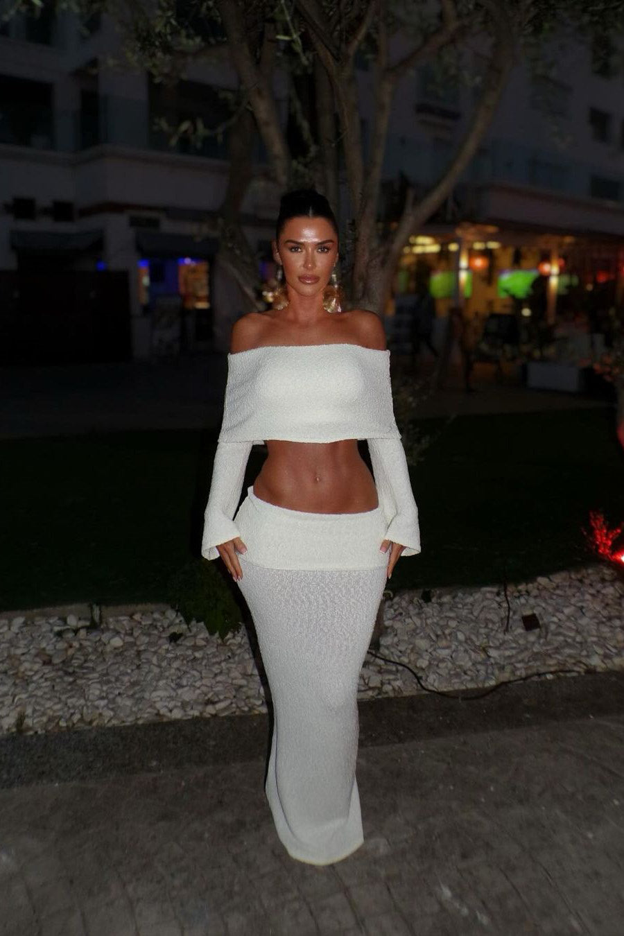 Ivory Knit Off Shoulder Boucle Top & Maxi Skirt Co-Ord