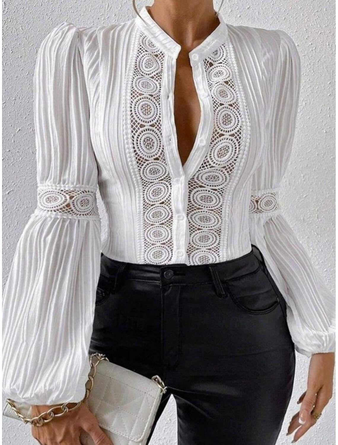 Women's Shirt Blouse Basic Casual Solid Color Regular Tops Long Sleeve V Neck Lace Patchwork Buttons Regular Fit Daily Summer Spring Fall