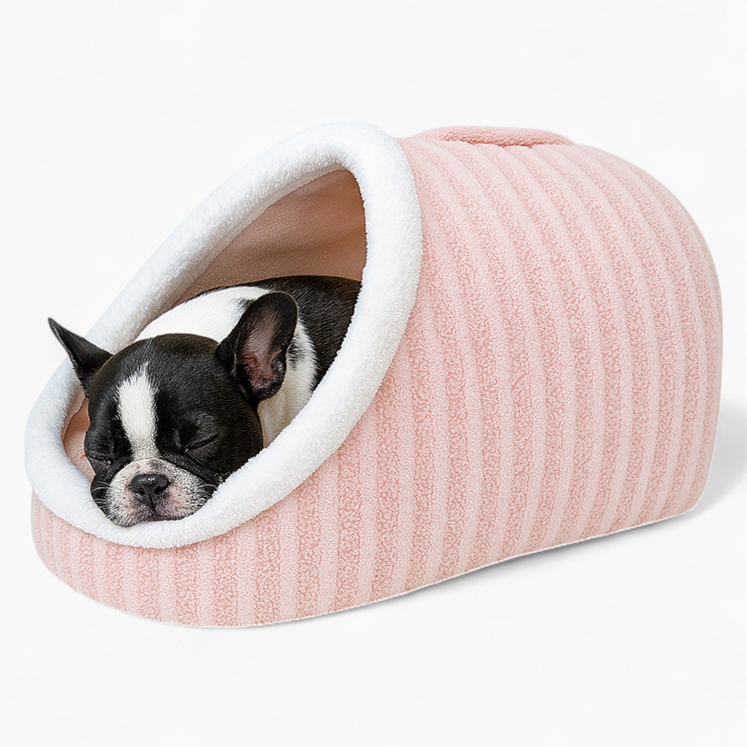PawVilla Frenchie Portable House – Semi-Enclosed Striped Nest with Removable Cushion Pad