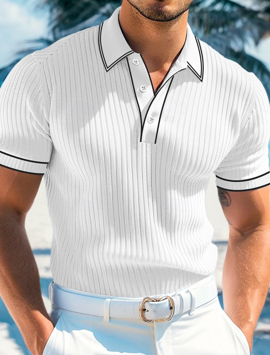 Men's Textured Muscle Shirt Holiday Lapel Ribbed Polo Collar Short