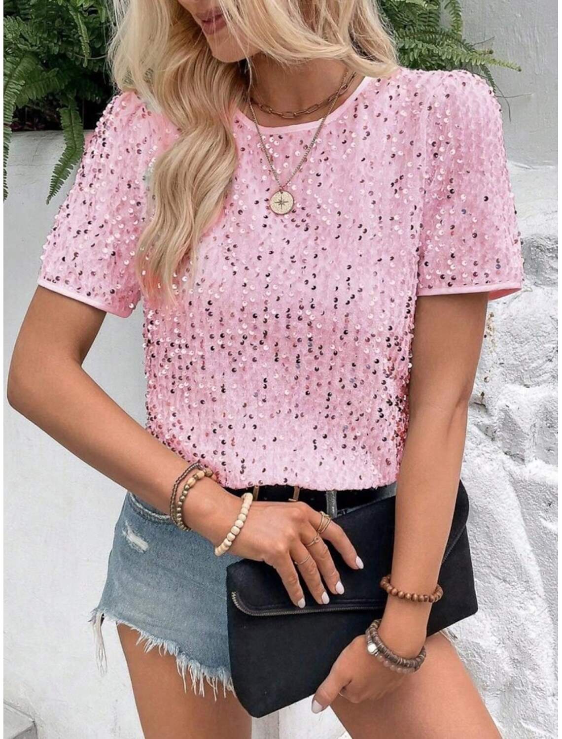 Women's T Shirt Fashion Modern Casual Plain Regular Tops Short Sleeve Crew Neck Sequins Regular Fit Daily Weekend Summer Spring