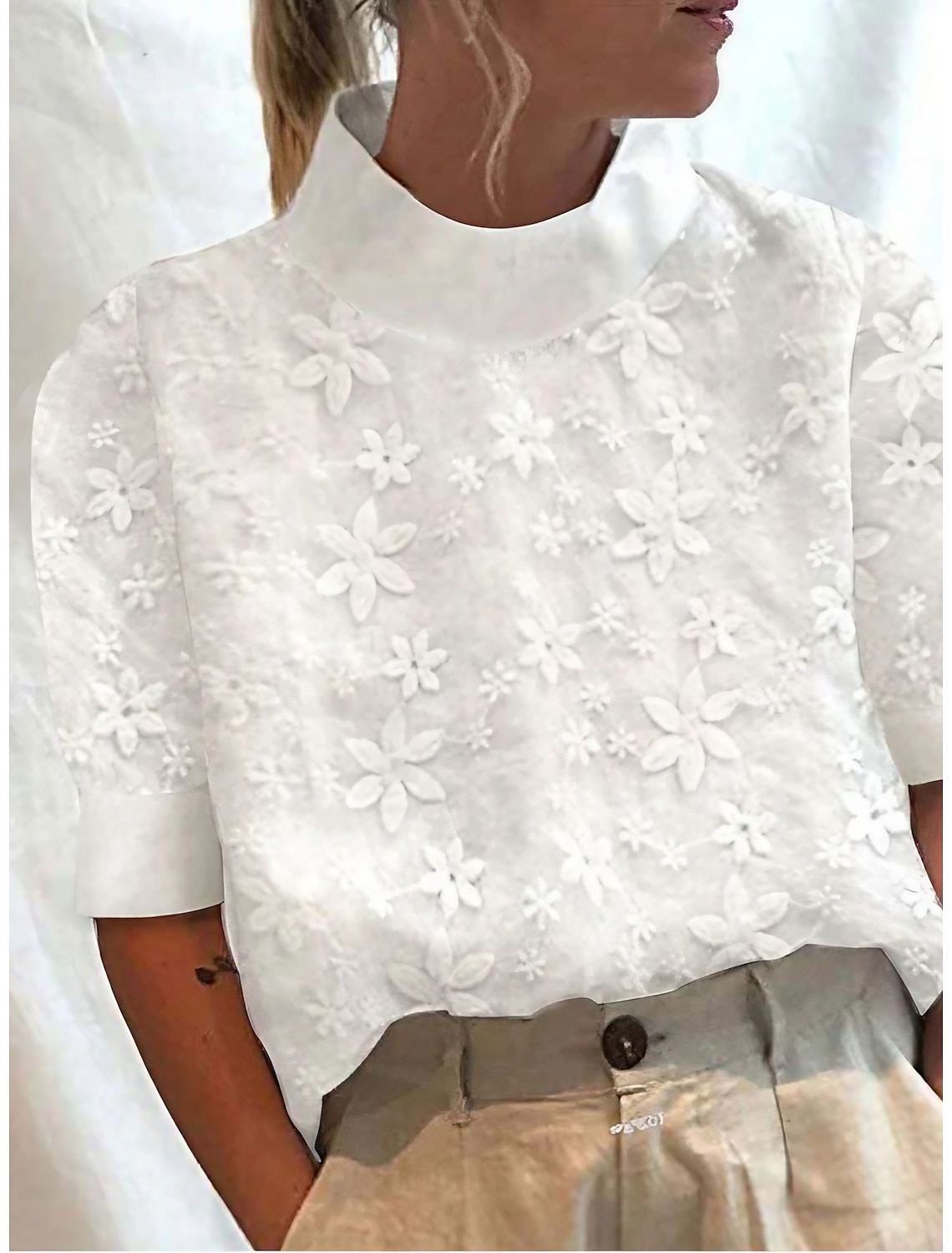 Women's Elegant Lace Tops Eyelet Blouse Turtleneck Dressy Tops Luxurious Floral Regular Tops Short Sleeve Embroidered Regular Fit Vacation Casual Romantic Petite Tops Summer Holiday Wear