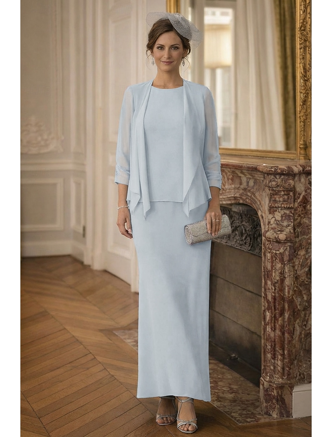 Two Piece Sheath Column Floor Length Wedding Guest Dress Mother of the Bride Dress Long Sleeve Scoop Neck Elegant Formal Wedding Guest Chiffon Wrap Included with Solid Color
