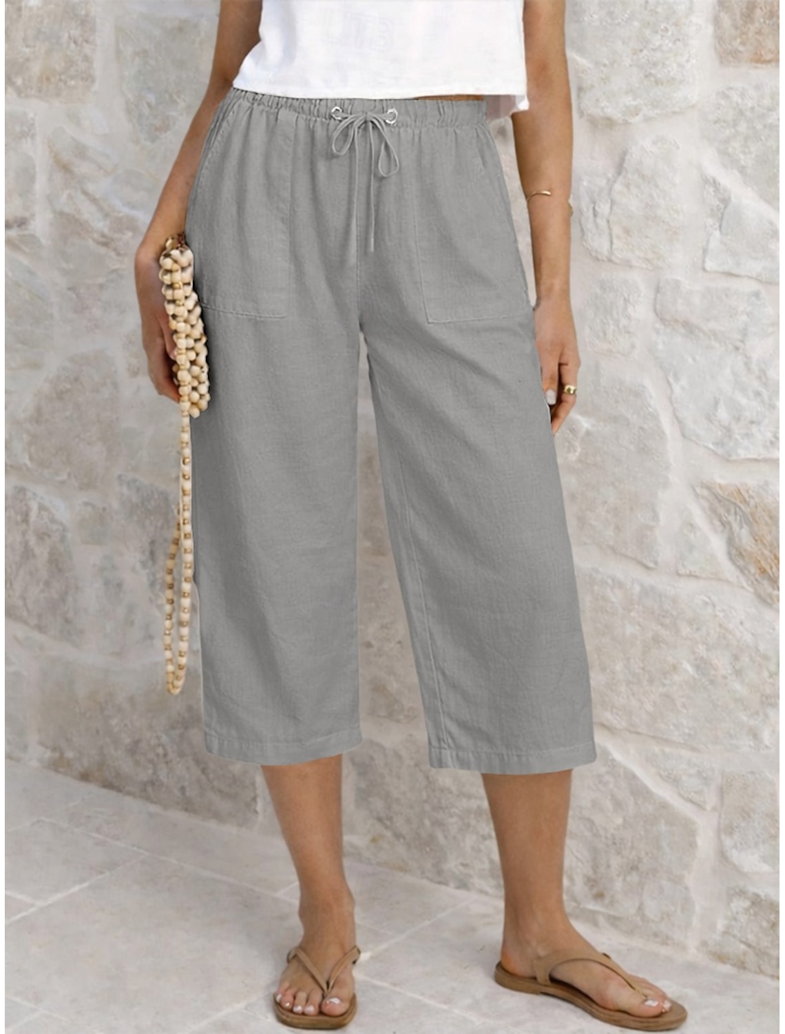 Women's Capri Pants Summer Shorts Cropped Pants Linen Capri Pants Fashion Basic Calf-Length Medium Waist Plain Drawstring Pocket Elastic Waist Lightweight Breathable Inelastic Vacation Street Daily