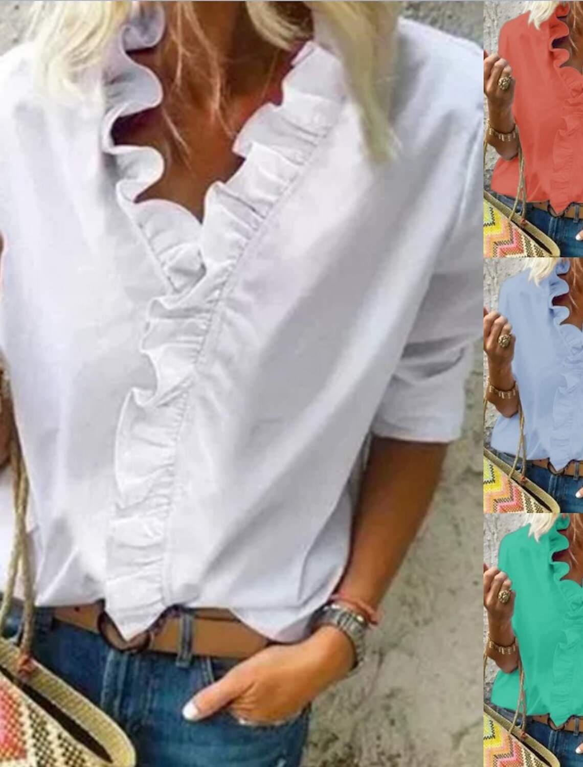 Women‘s Blouse Shirt V Neck Lettuce Trim Plain Modern V Neck Regular Spring & Fall Blue