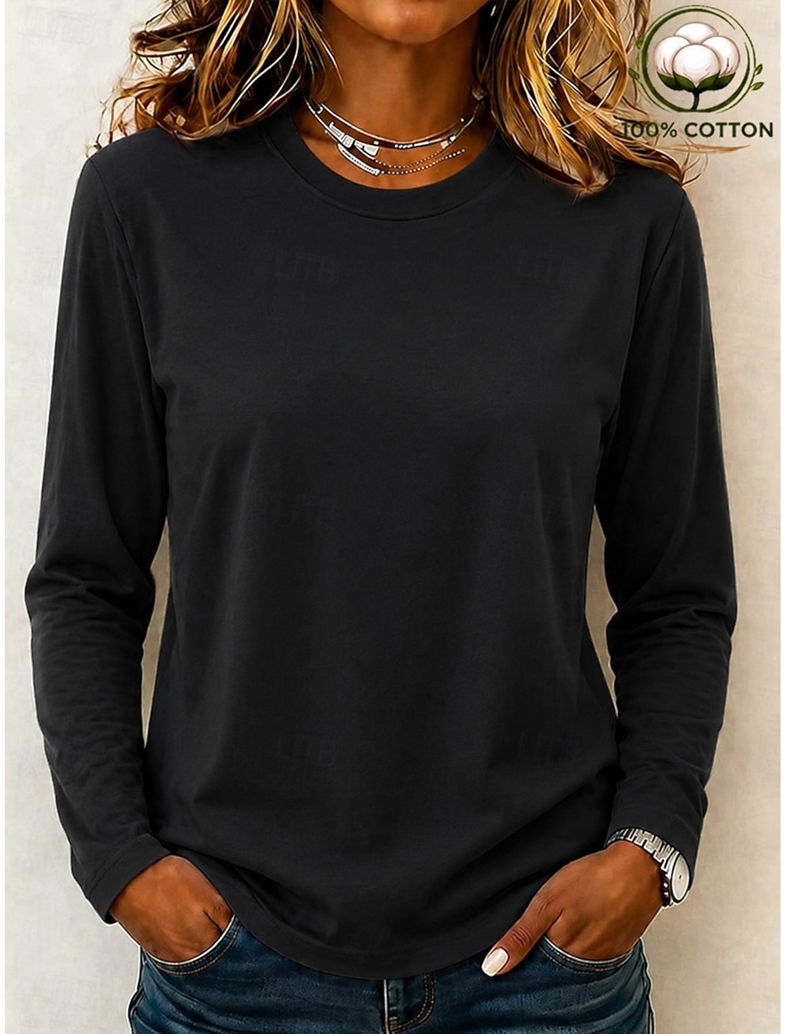 Women's 100% Cotton T-Shirts - Quality Heavy Long Sleeve Crew Neck Tee