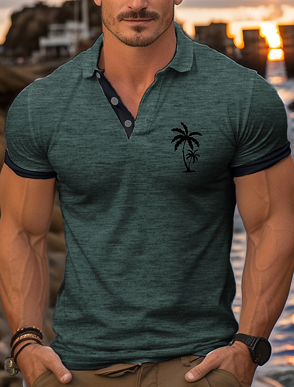 Men's Golf Shirt Golf Polos Shirts Casual Work Lapel Short Sleeve Basic Modern Color Block Coconut Tree Patchwork Buttons Summer Regular Fit Wine White Yellow Navy Blue Dark Gray Golf Shirt