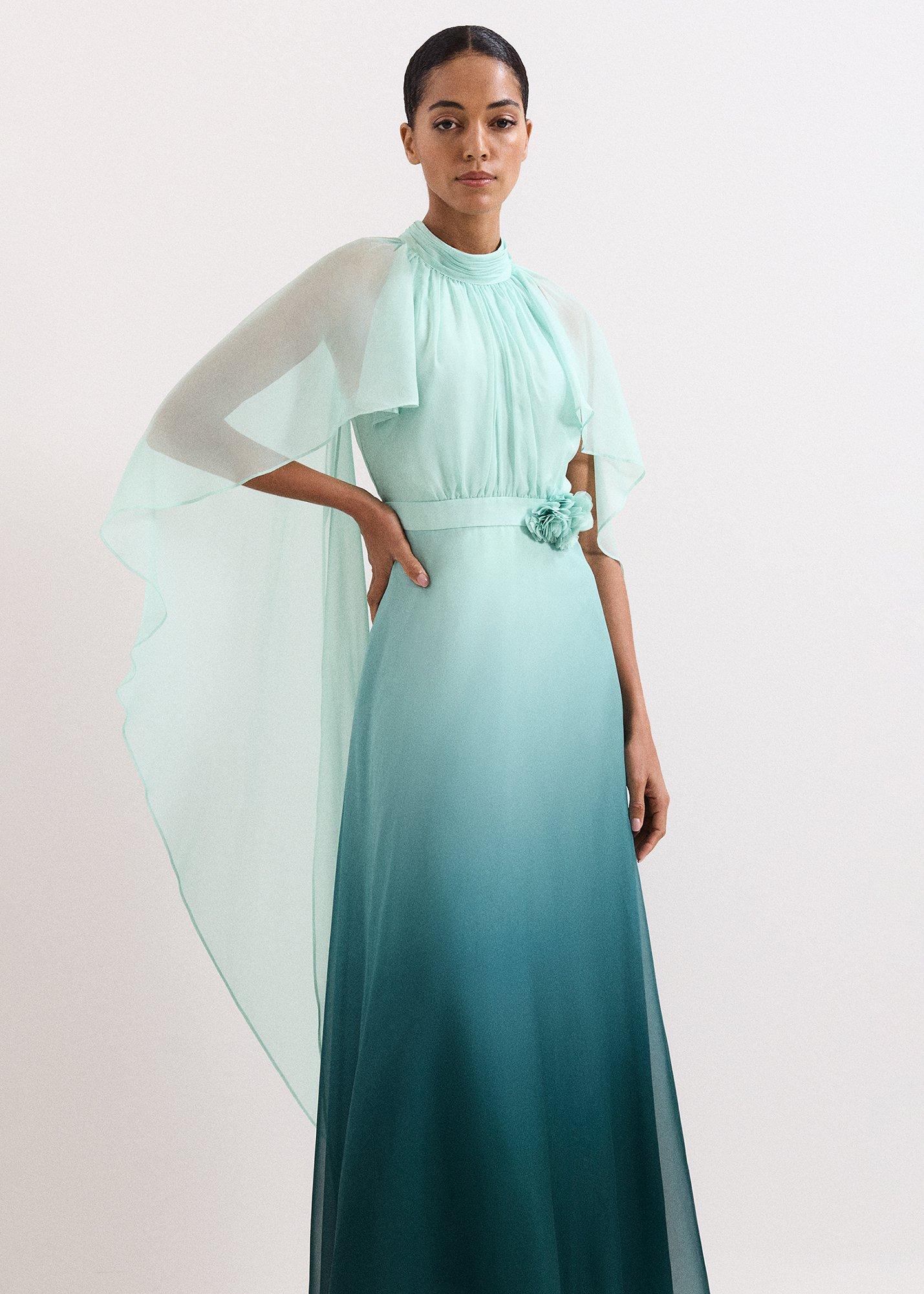 Petite Aspen Teal Ombre Cape Maxi Dress
