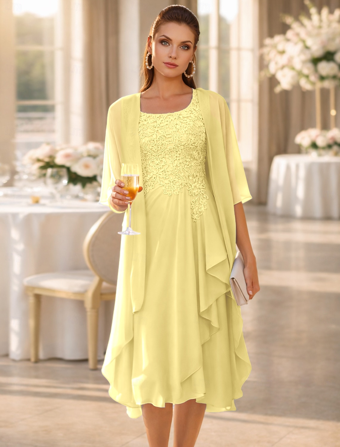 Two Piece A-Line Knee Length Wedding Guest Dress Mother of the Bride Dress Sleeveless Scoop Neck Elegant Wedding Guest Wedding Party Chiffon Lace Jacket Dresses with Pleats Appliques