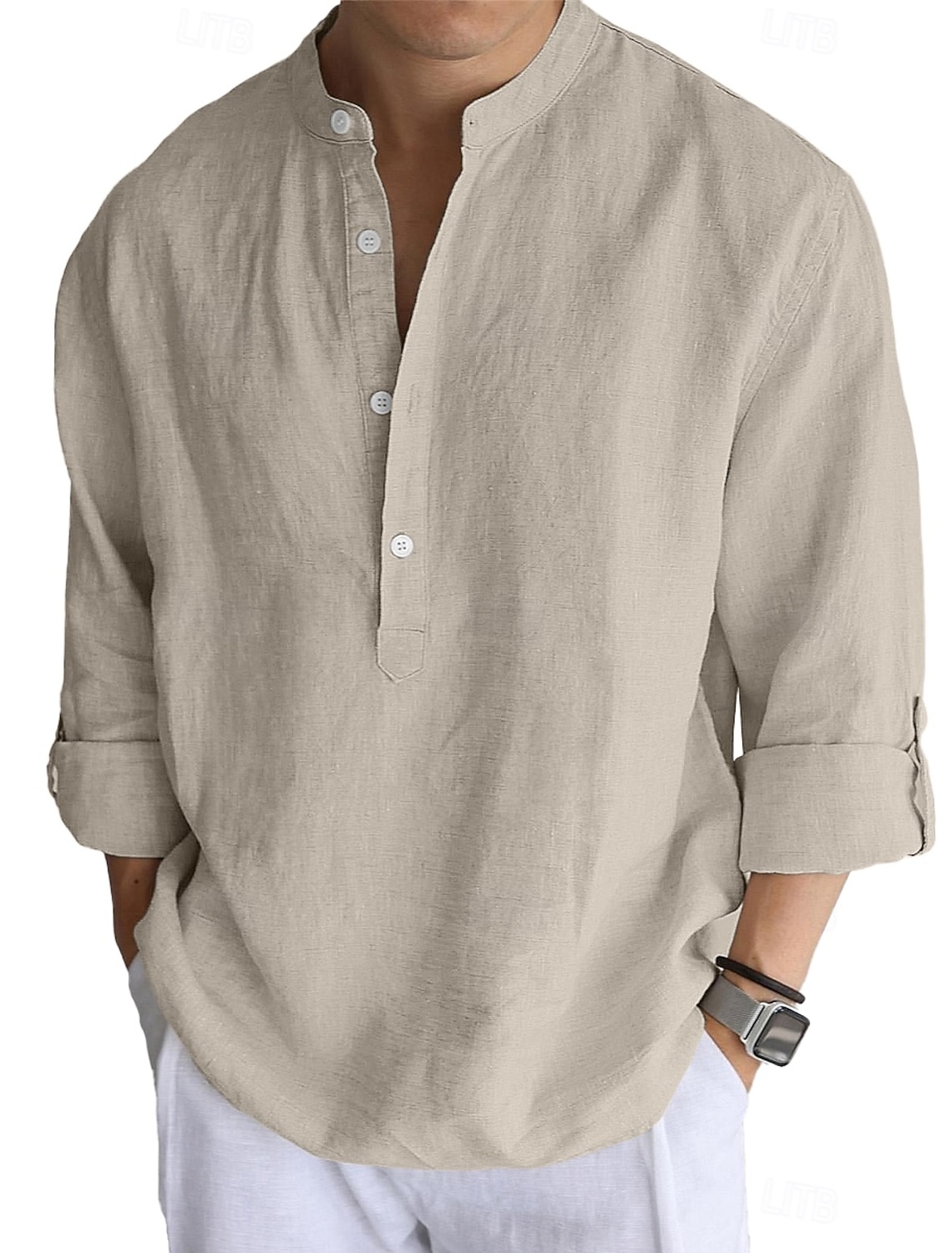 Men's Linen Shirt Popover Casual Beach Band Collar Plain Vacation
