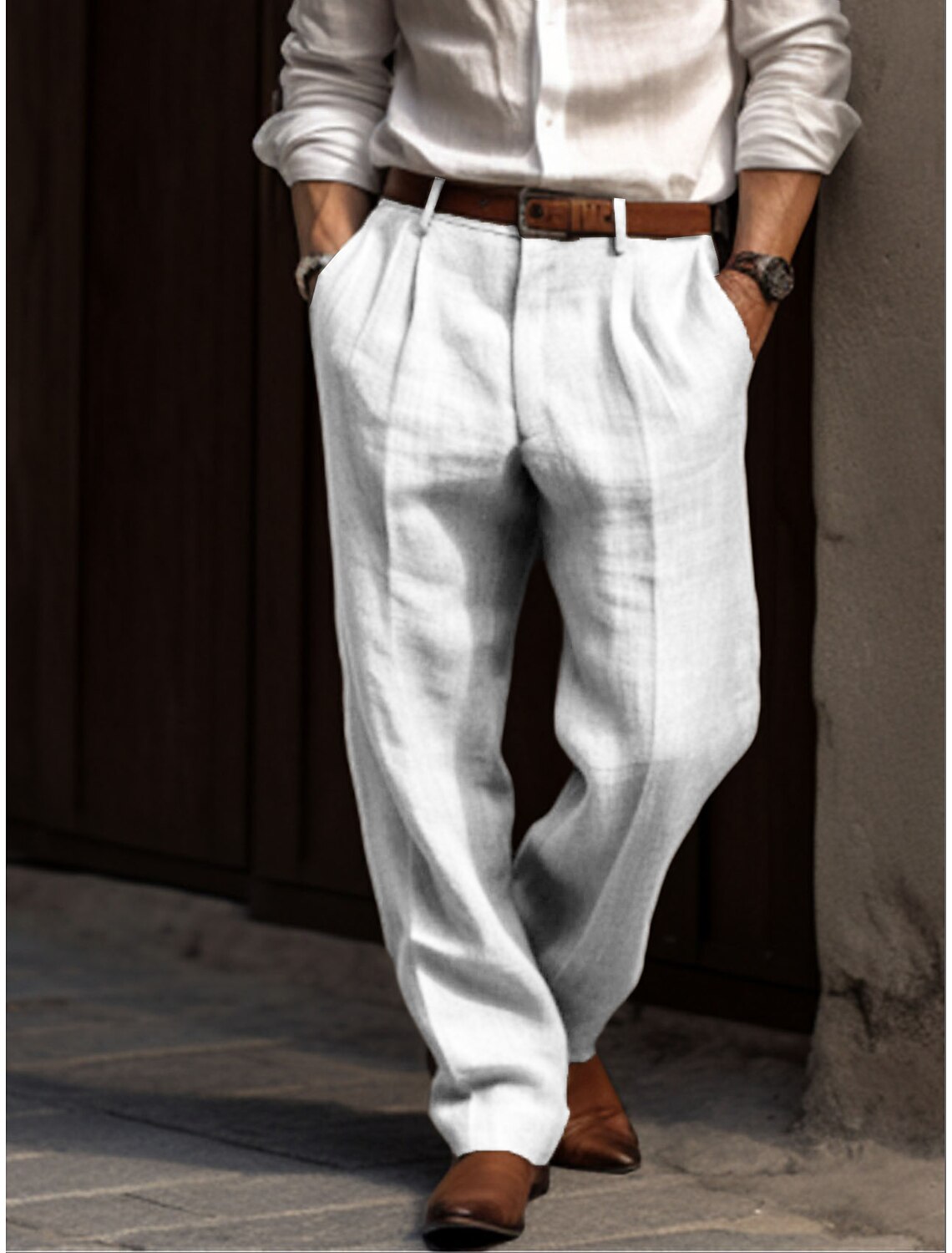 Men's Linen Pants Trousers Summer Pleated Dress Slacks Front Pocket