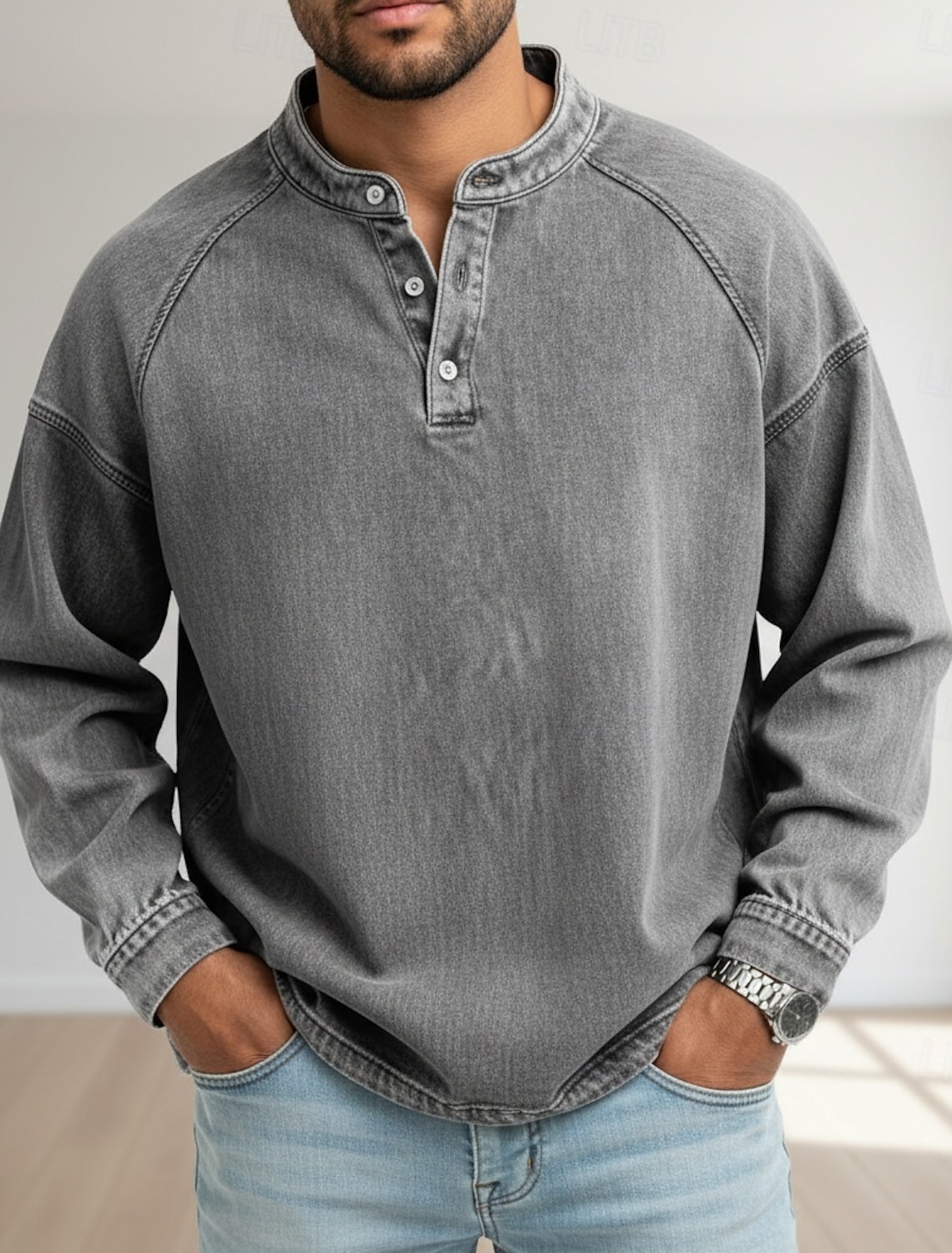 Men's T Shirt Henley Denim 100% Cotton Acid Wash Tee Top Long Sleeve