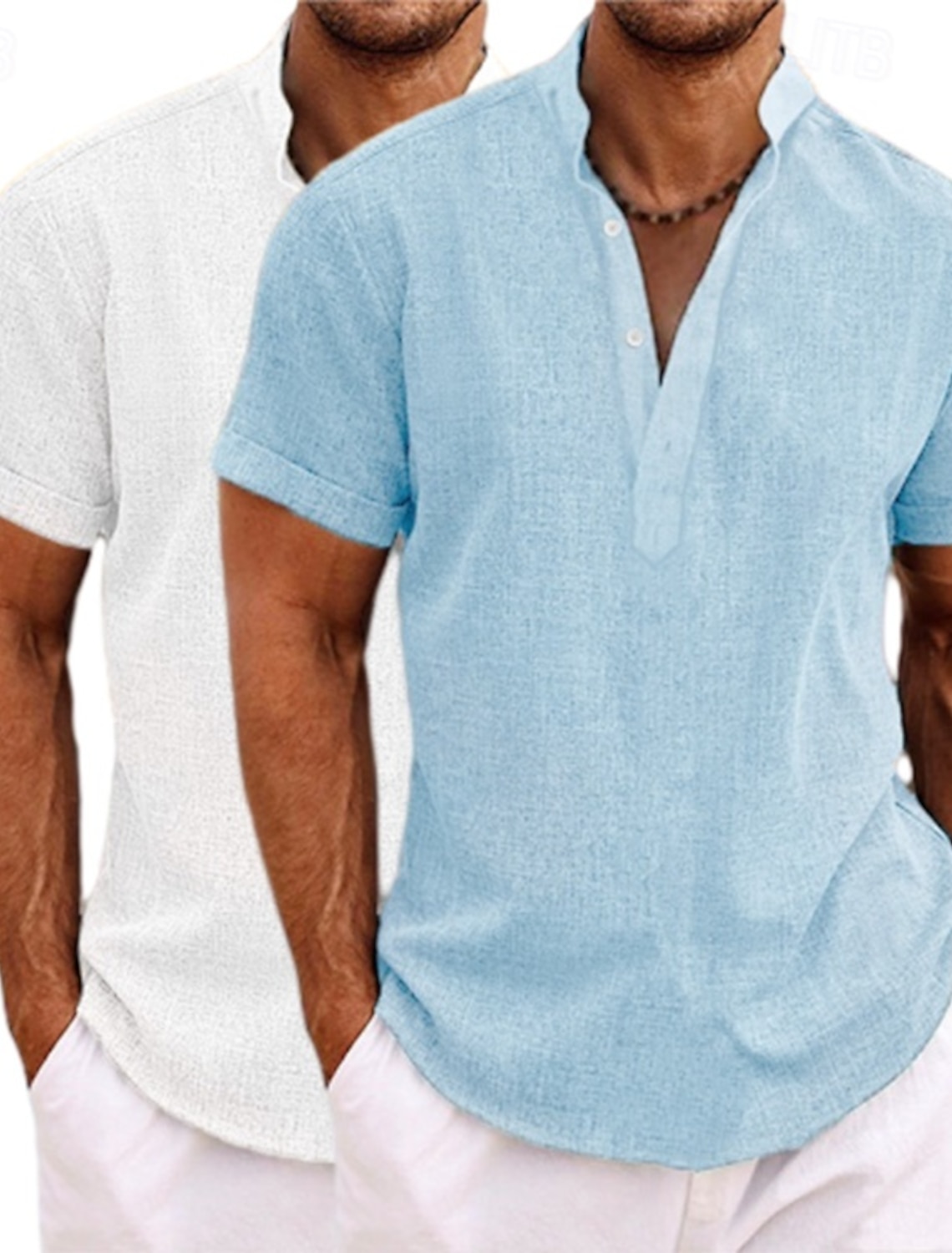 Men's Shirt Linen Shirt Popover Shirt Summer Shirt Beach Wear Band Collar Shirt Plain Vacation Casual Green+Gray White+Yellow White+Green White+Navy Blue Short Sleeve Henley Summer Clothing Apparel