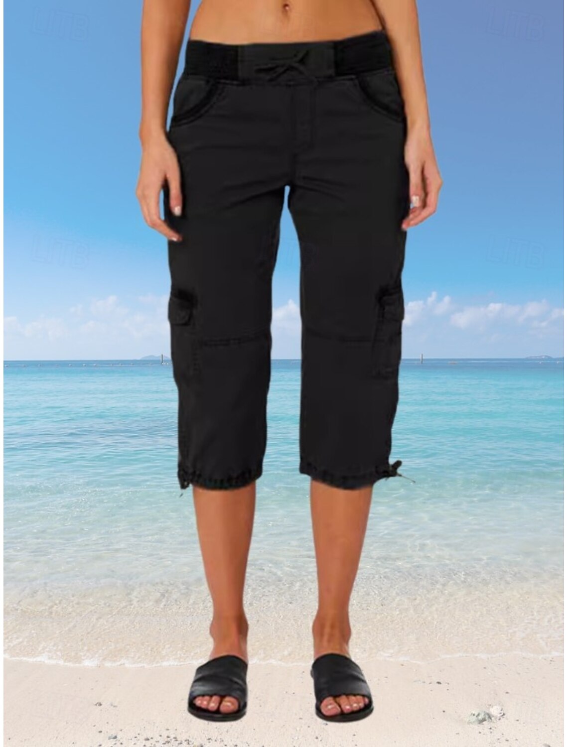 Women's Cargo Pants Capri Pants Summer Pants Beach Pants Vacation Fashion Streetwear Calf-Length High Waist Plain Drawstring Pocket Comfort Lightweight Soft Micro-elastic Outdoor Street Yellow-Brown