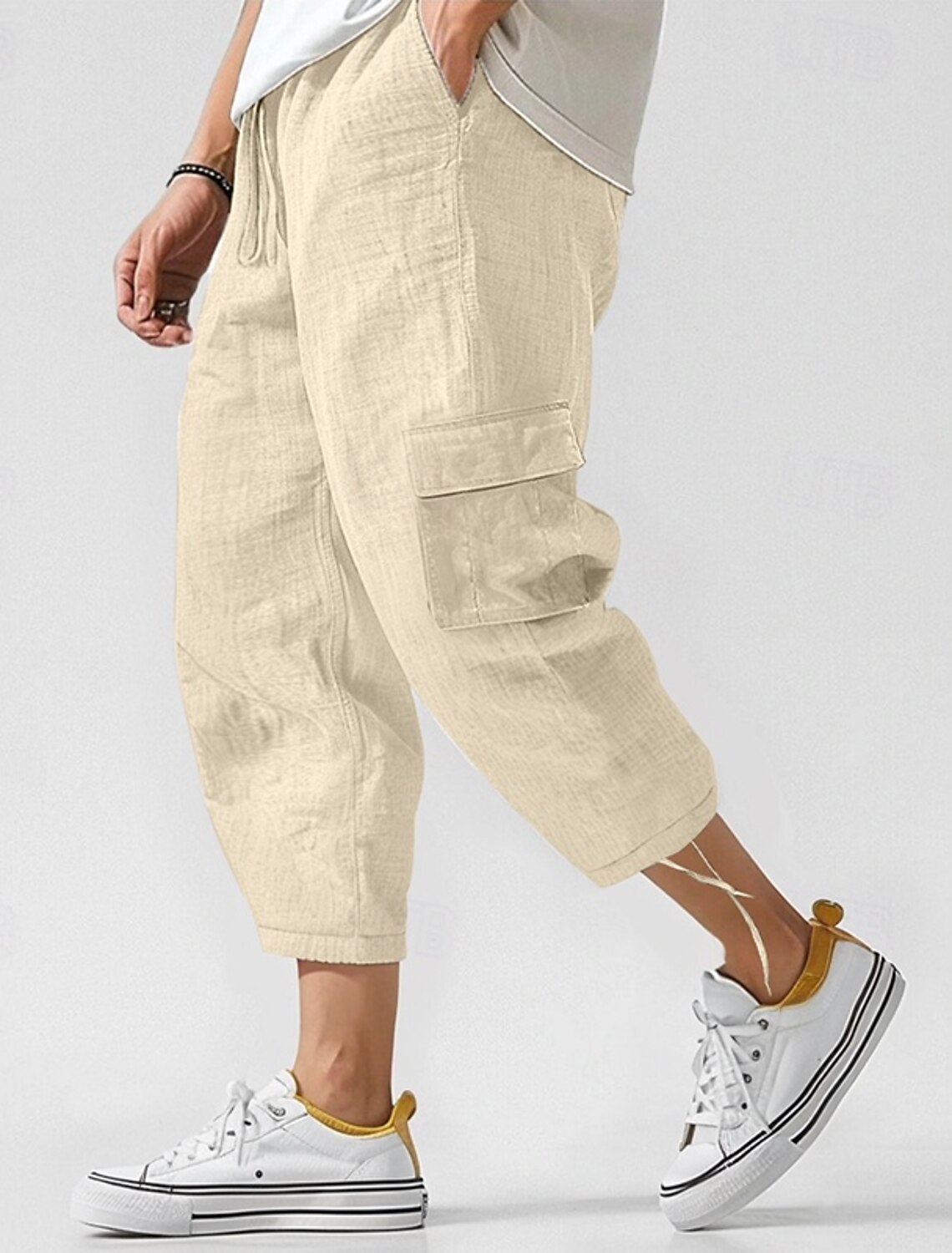 Men's Cargo Pants Linen Trousers Summer Beach Drawstring Elastic Waist