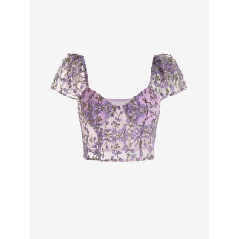 Leaves Embroidered Sheer Mesh Bustier Cropped Top FU4232
