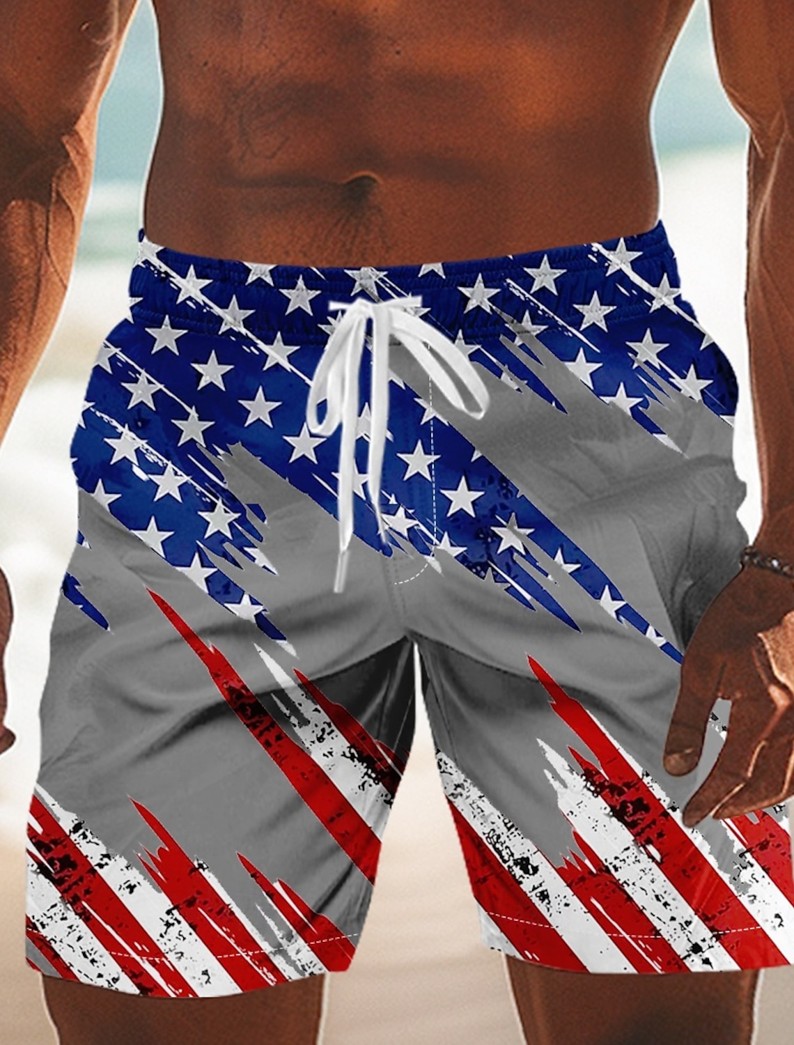 Men's 4th of July U.S. 250th Anniversary American Flag Swim Trunks Bathing Suits Swim Shorts Board Shorts Mid Waist Patriotic Holiday Side Pockets Mesh Lining Elastic Drawstring Waist Designer