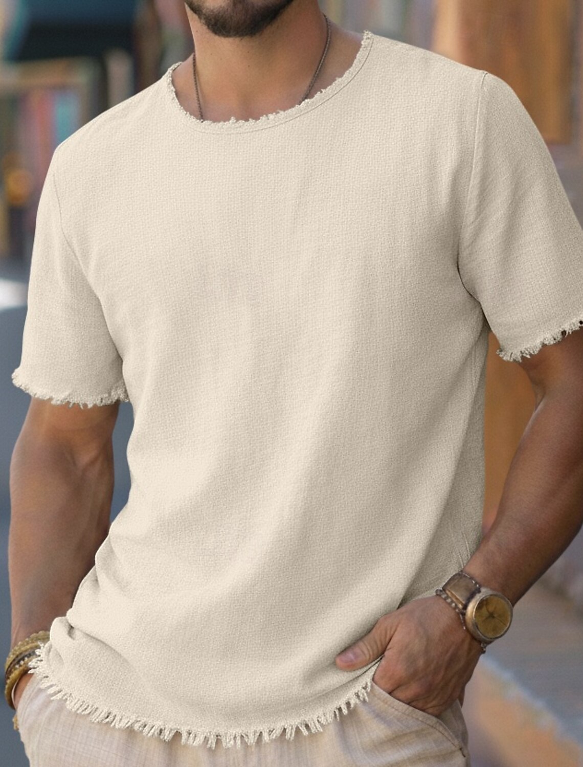 Men's Tee Top Linen T-Shirt Short Sleeves Crew Neck Round Summer Plain
