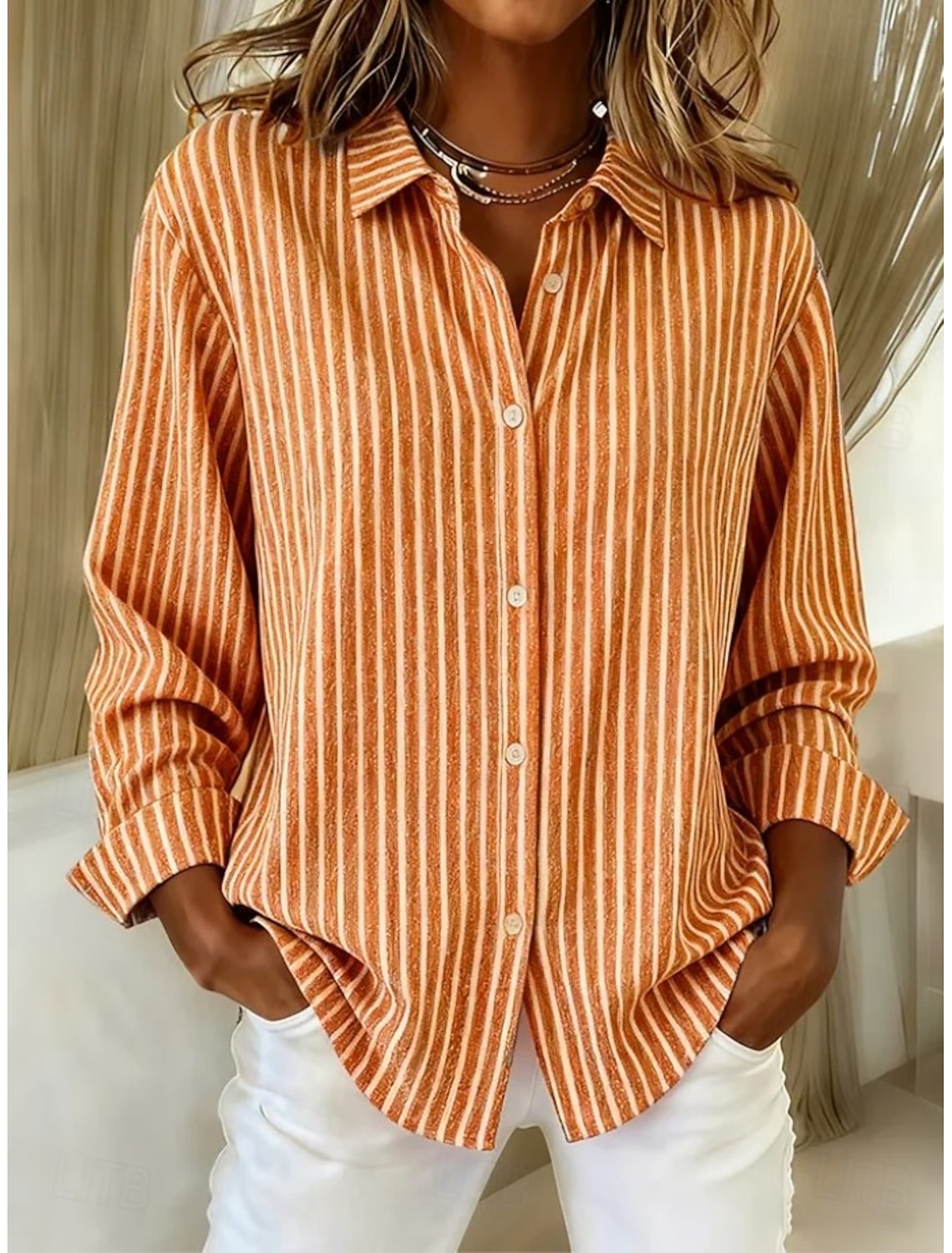 Women's Shirt Blouse Buttons Print Striped Vintage Stylish Casual Long Sleeve Shirt Collar Regular Tops Daily Blue Red Light Brown Orange Gray Spring Fall Winter