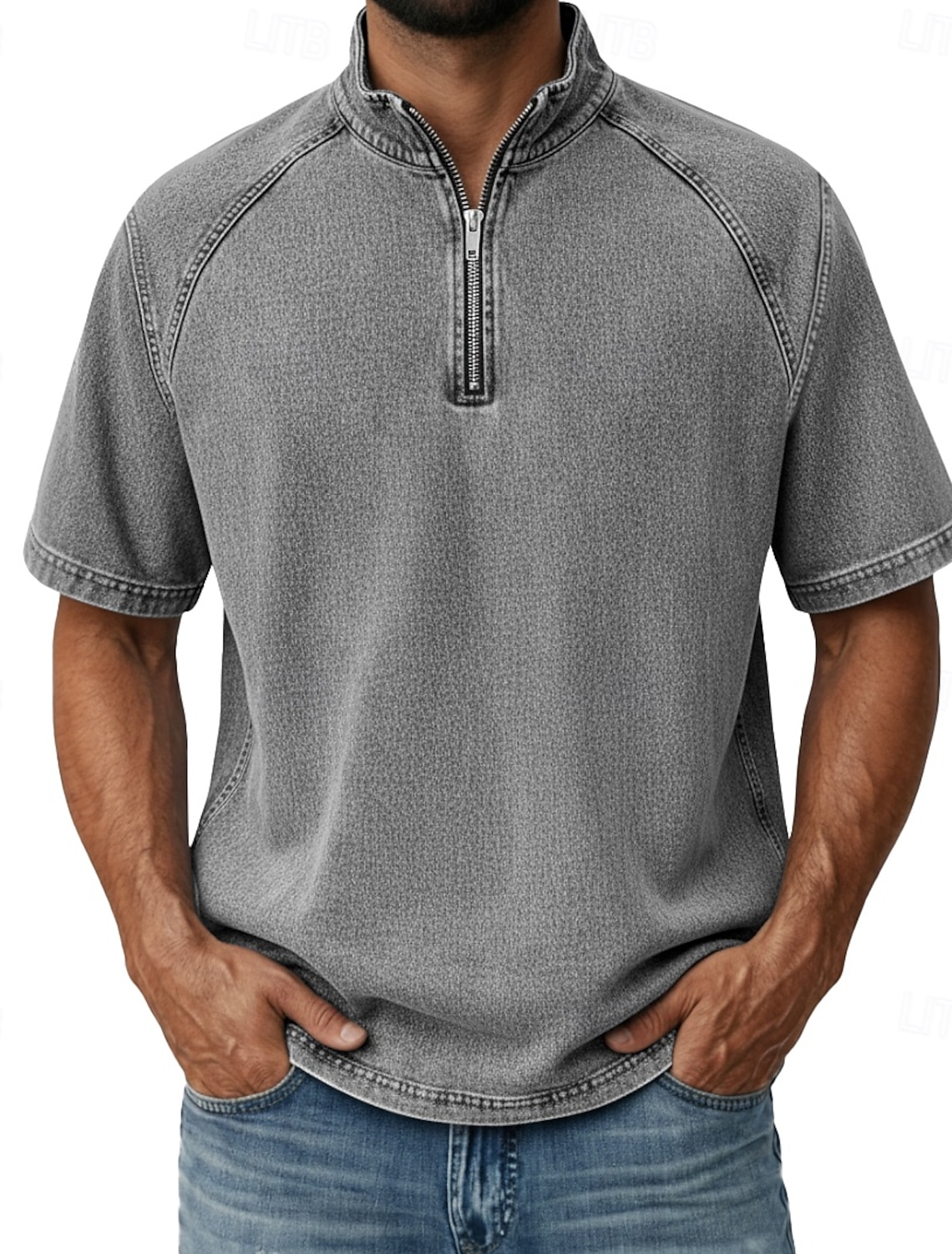 Men's Denim Shirt 100% Cotton Acid Wash Tee Top Short Sleeve Stand