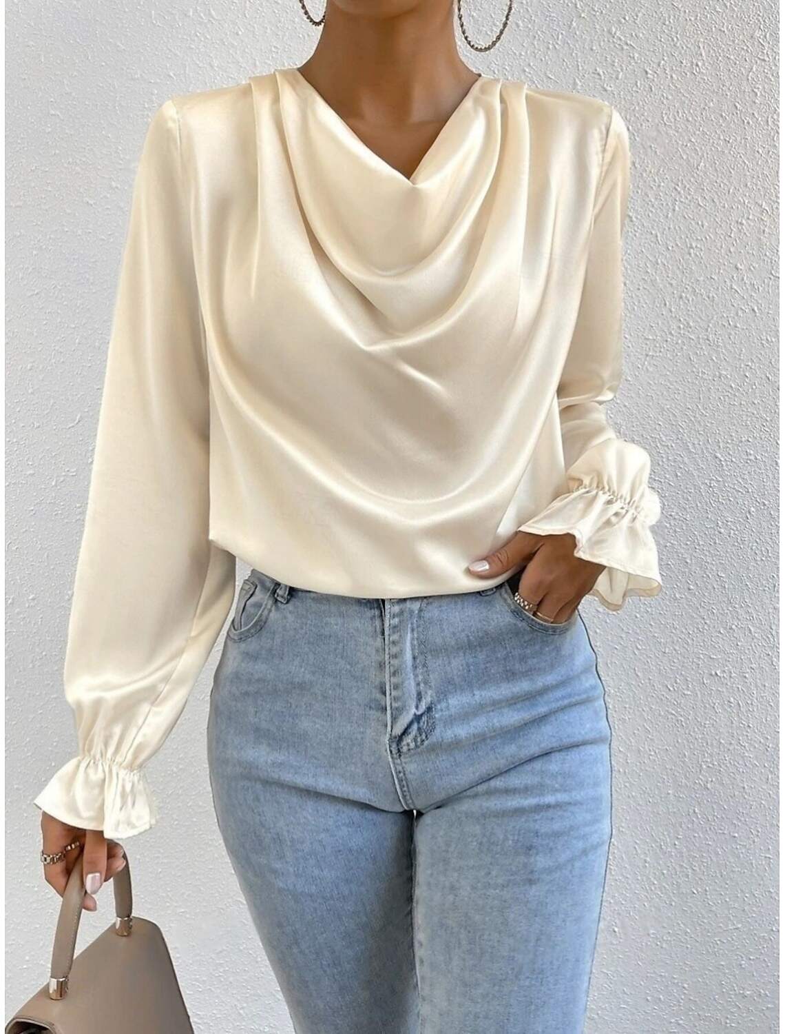 Women's Shirt Blouse Stylish Casual Solid Color Regular Tops Long Sleeve Cowl Neck Ruched Regular Fit Daily Summer Spring