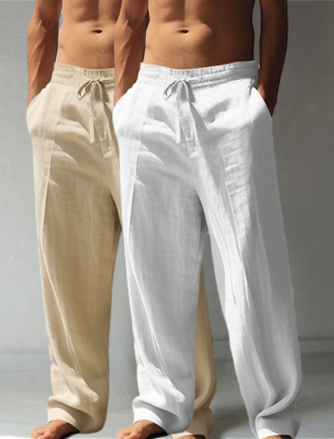 Men's Linen Pants Trousers Summer Baggy Beach Drawstring Elastic Waist