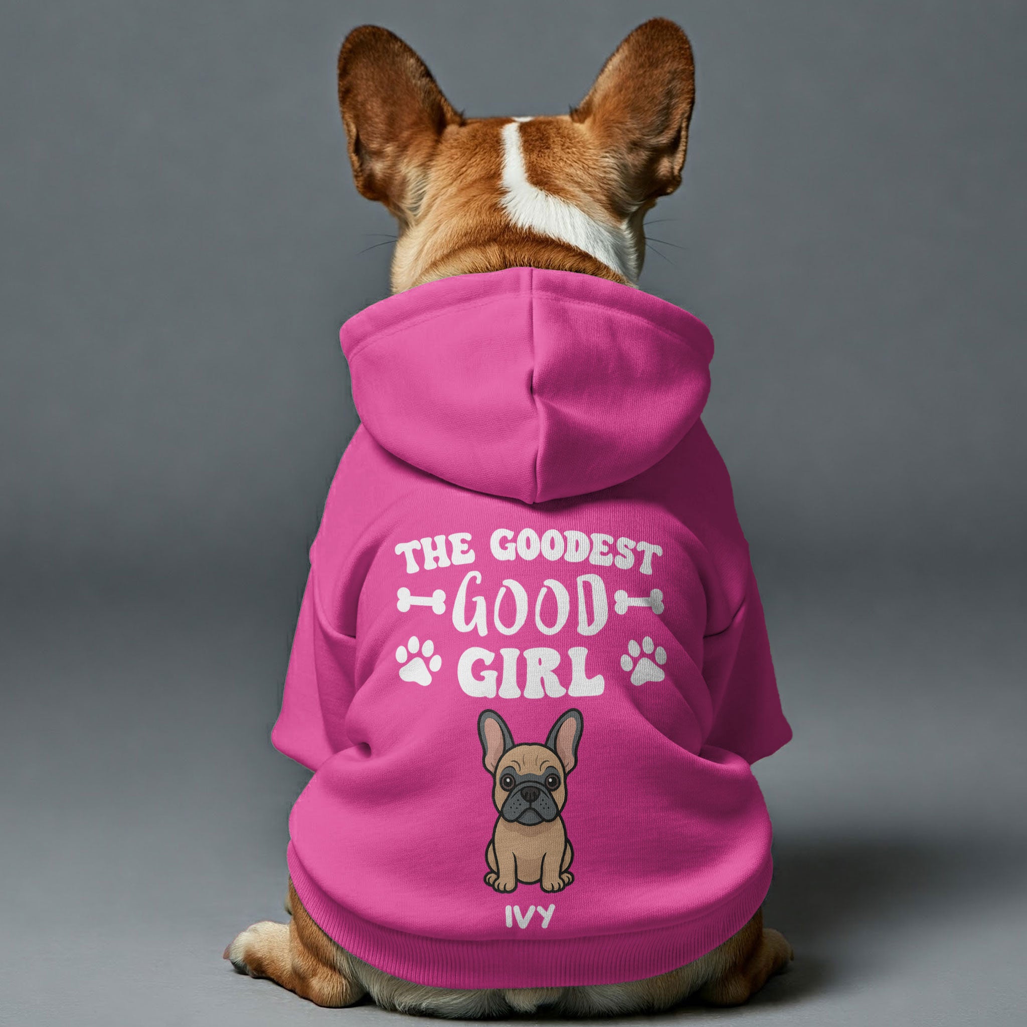 The Goodest Good Girl - Personalized French Bulldog hoodies with funny quotes, your Frenchie's name, 'BOY' or 'GIRL' text, and custom clipart matching your Frenchie's coat color – Stylish, Cozy, and Premium 100% Cotton