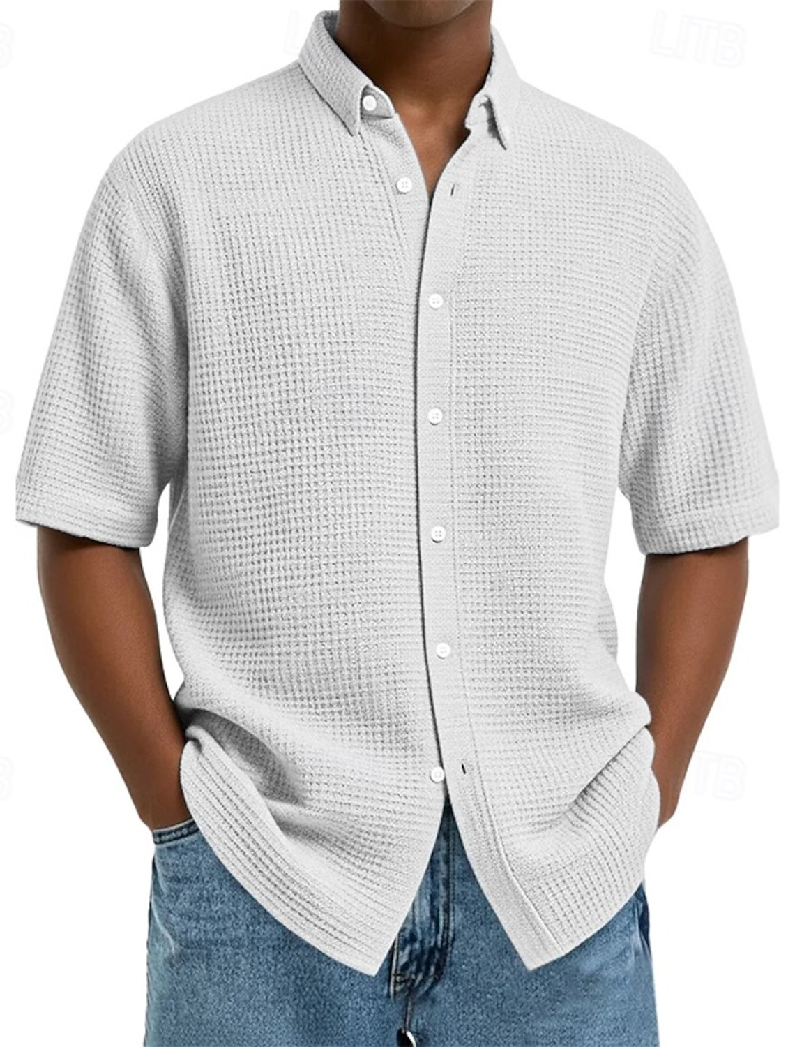 Men's Shirt Waffle Texture Casual Button Up Black White Wine Navy B #1