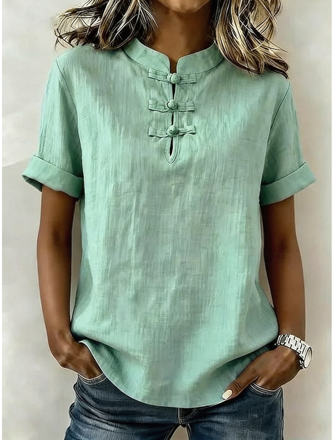Women's Cotton Linen Shirts Blouse Stylish Short Sleeve Mandarin Collar Long Tops Blue White Pink Green khaki Summer Spring