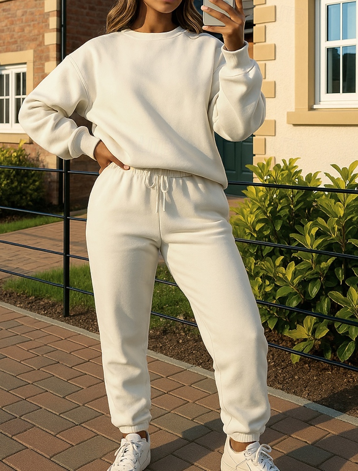 Women's Tracksuit Sweatpants Pullover Sweatshirt Pocket Solid Colored Clothing Suit Spring Fall Black White Gym Training Running Windproof Long Sleeve Sport Activewear Micro-elastic Regular Fit