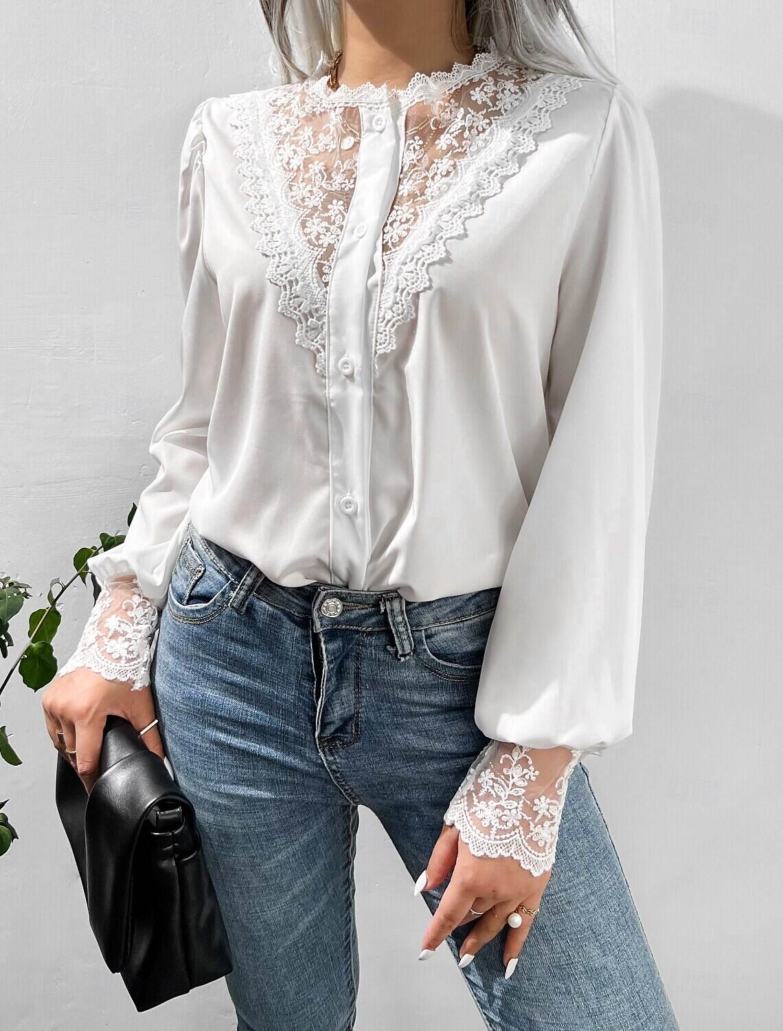 Women's Blouse Stylish Modern Lace Long Sleeve Regular Tops Crew Neck Work Daily Spring Fall