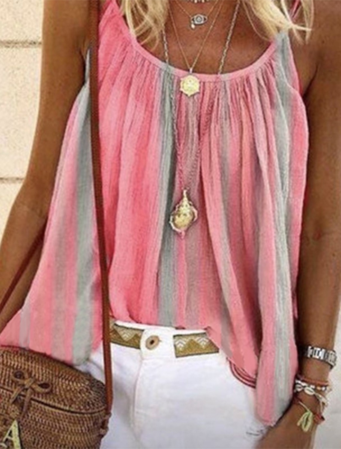 Women's Camisole Tank Top Camisole Summer Tops Yellow Pink Blue Stripes Pleated Holiday Boho Round Neck S