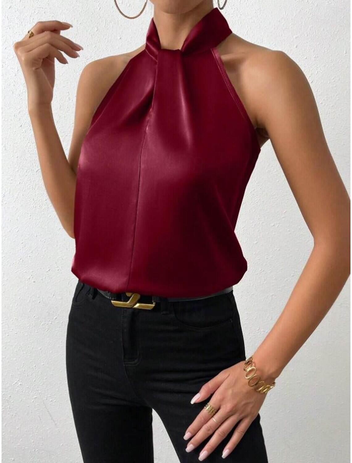 Tank Women's Plain Cold Shoulder Street Daily Fashion Halter Neck Regular Fit S