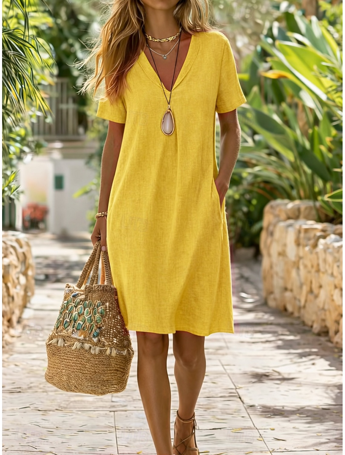 Women's Mini Cotton Linen Dress Shift Dress Summer Dress Casual Daily Loose Fit Plain Short Sleeve V Neck Yellow Light Green Sky Blue Green Summer