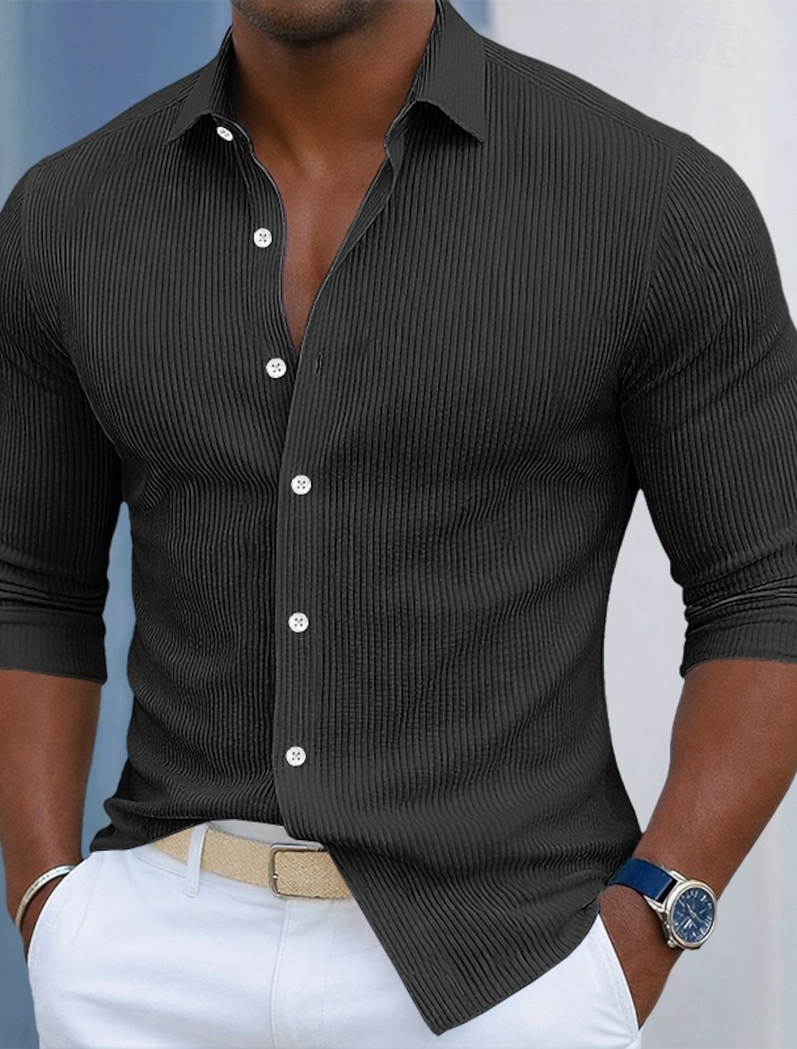 Men's Shirt Waffle Texture Casual Button Up Black White Wine Navy B #2