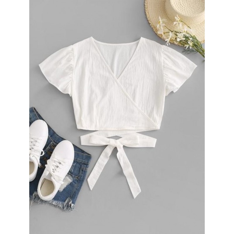 Surplice Plunging Wrap Waist Blouse OO1885