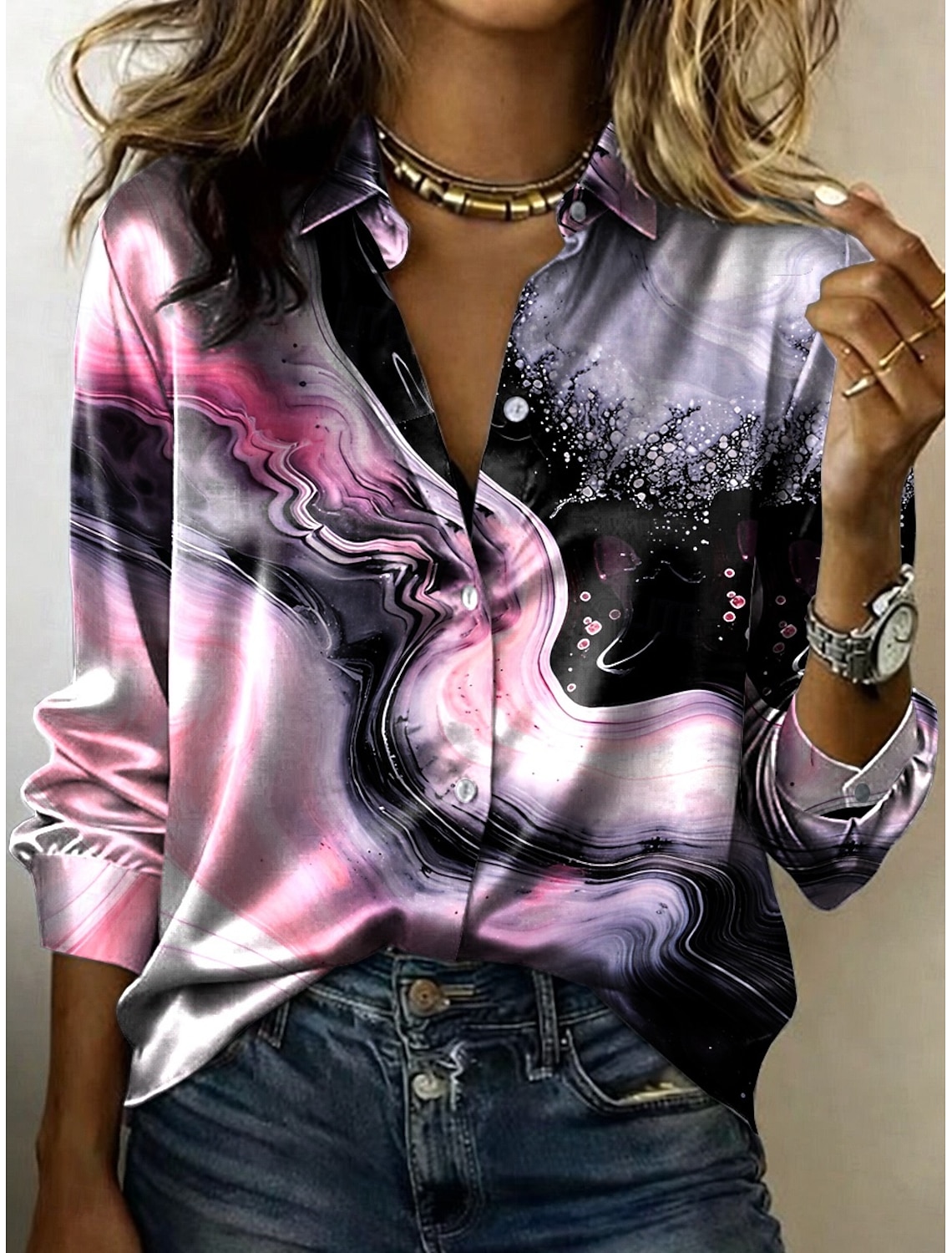 Women's Shirt Graphic Geometric Bohemia Vintage Stylish Long Sleeve Shirt Collar Regular Tops Daily Holiday Blue Pink Purple Summer Spring