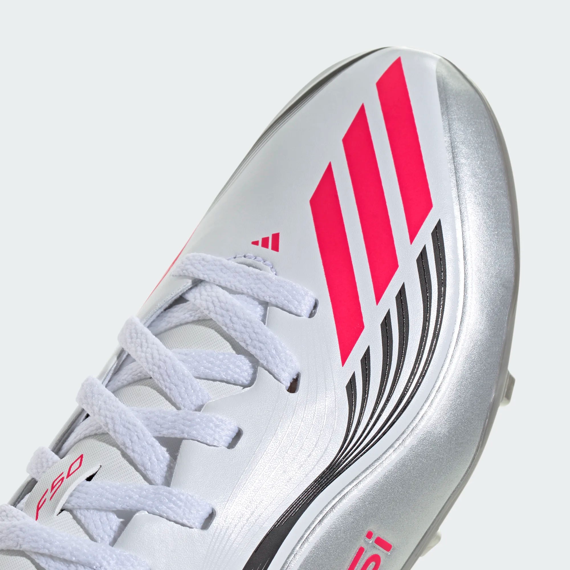 adidas Youth F50 Messi League FG/MG Junior Soccer Cleats (White/Lucid Red/Silver Metallic)