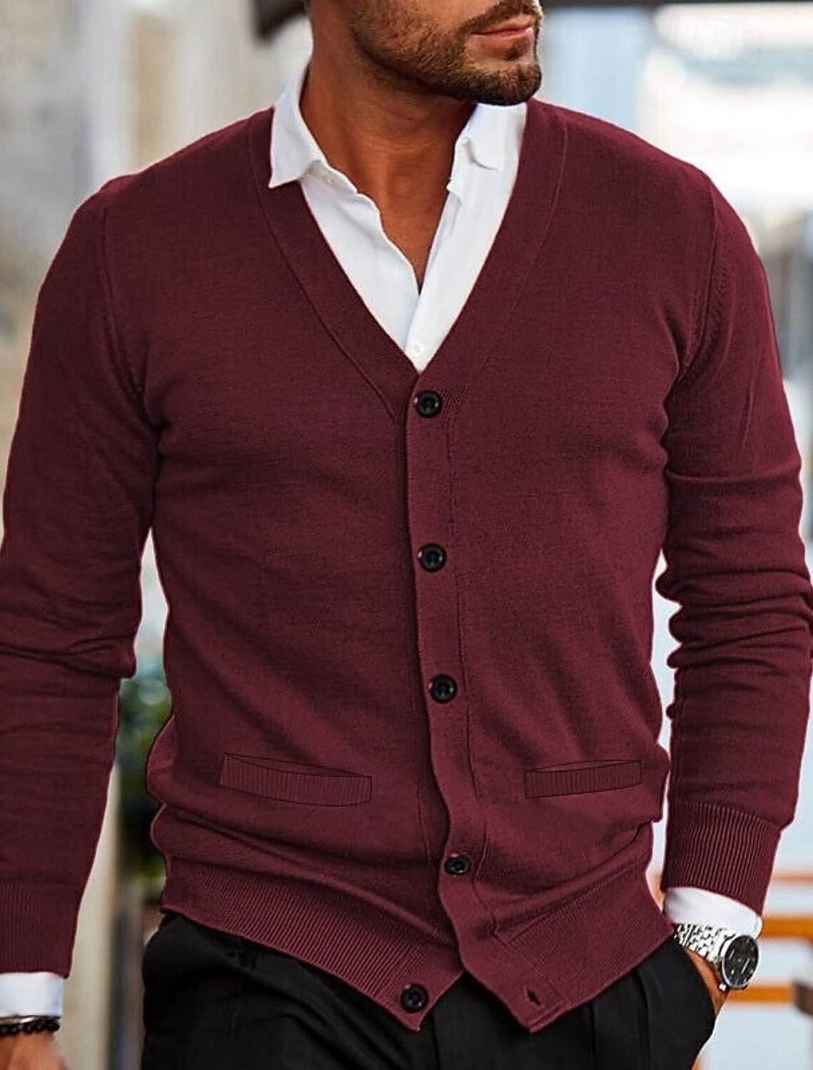 Men's Sweater Cardigan Cropped Ribbed Knit Regular Tops Knitted Plain