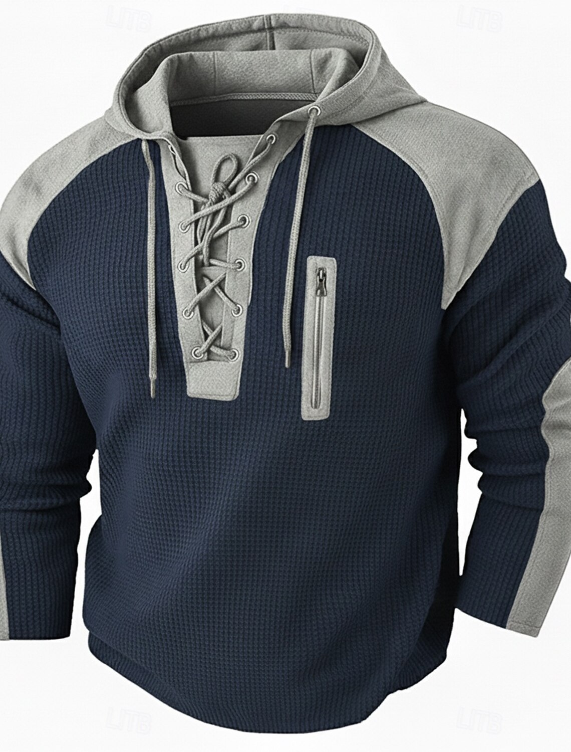 Men's Waffle T-shirt T Shirt Henley Long Sleeve Hooded Lace Up Neck