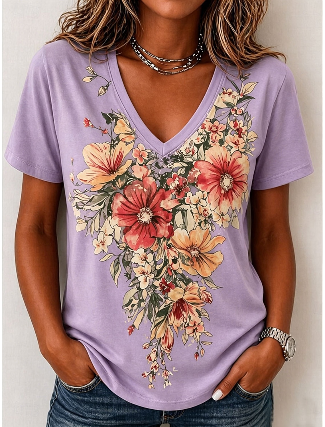 Women's T Shirt Print Floral Graphic Stylish Classic Casual Short Sleeve V Neck Regular Tops Casual Daily Blue Pink Purple Green Beige Summer Spring