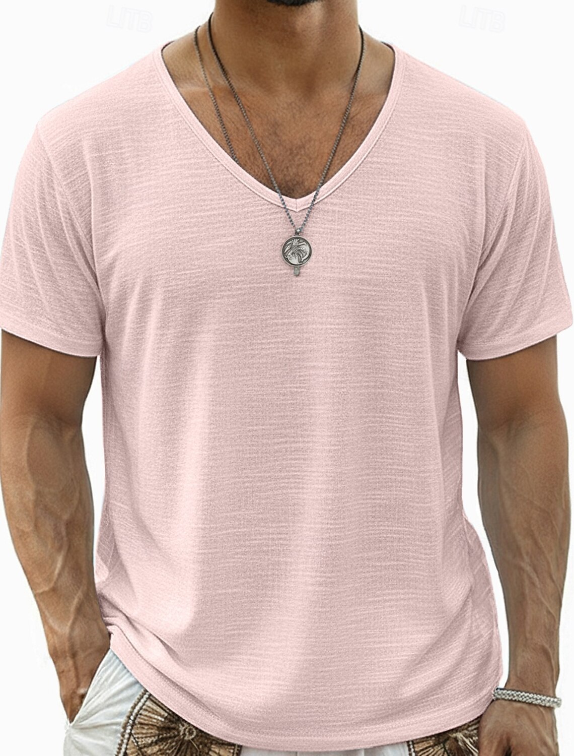 Men's Tee Top Linen T-Shirt Short Sleeve V Neck Summer Solid Color