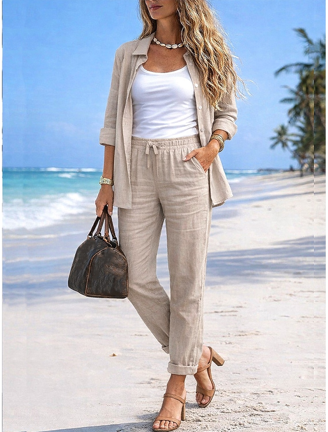 Women's Linen-feel Set Pants Sets Bolero Long Sleeve Shirt Collar Solid Color Fashion Streetwear Casual Daily Outdoor White Khaki Dark Gray Summer Regular Fit