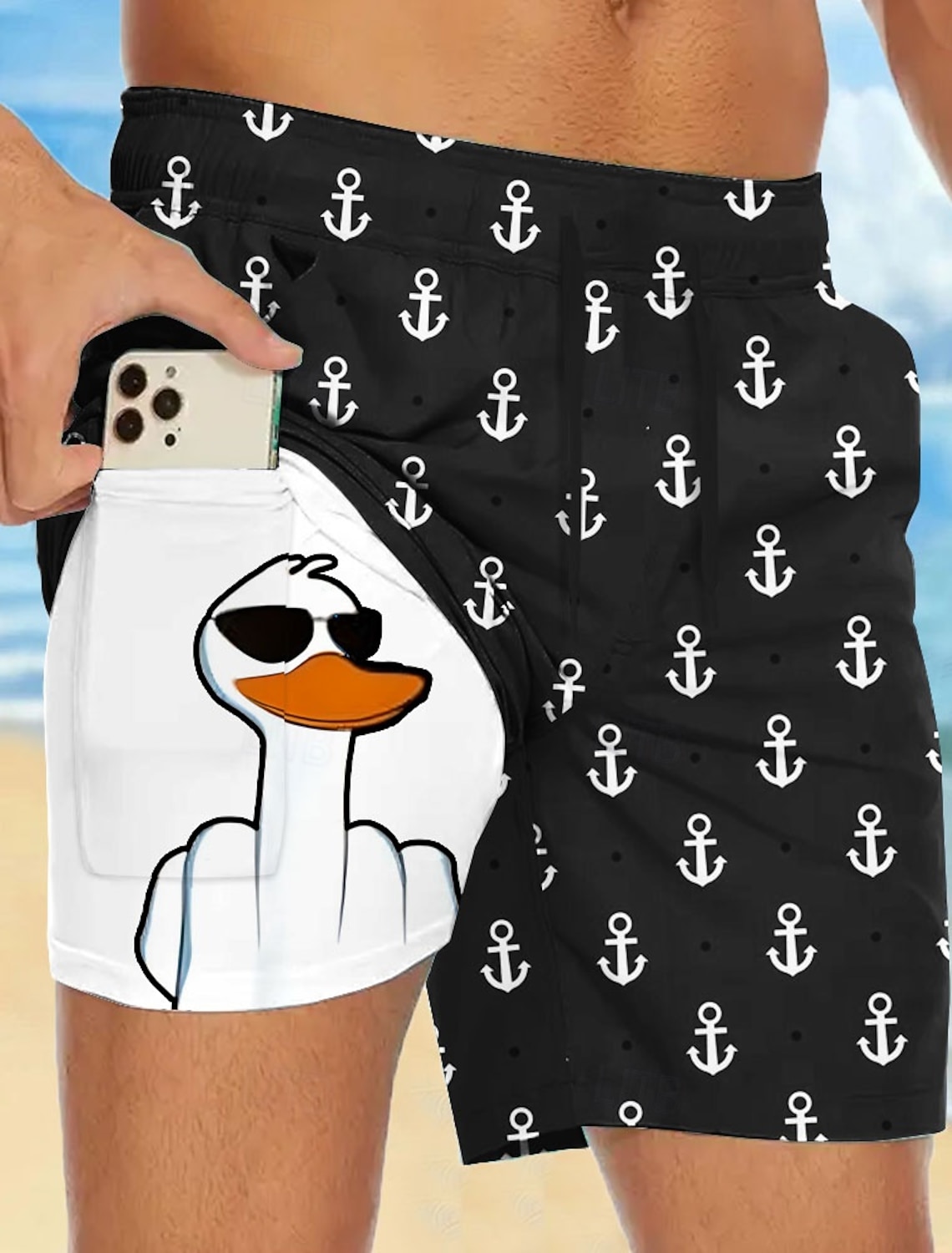 Men's Funny Duck Slang Lined Shorts 2 in 1 Board Swim Mid Waist