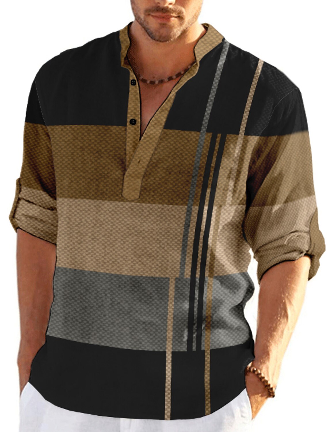 Men's Plaid / Check Patchwork Geometric Pattern Shirt Button Up Shirt Long Sleeve Fashion Streetwear Designer Casual Going out Summer Spring Fall Stand Collar Print Blue Khaki Khaki+Khaki Black White