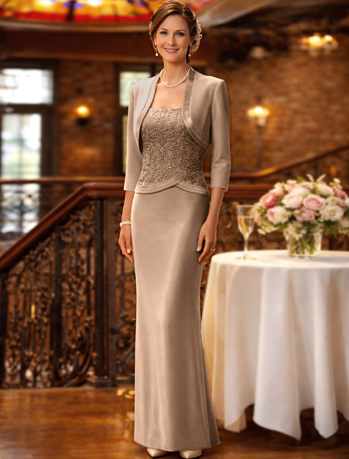 Sheath Column Floor Length Wedding Guest Dress Mother of the Bride Dress Sleeveless Straight Neckline Elegant Plus Size Wedding Guest Chiffon Satin Lace Short Jacket Dresses with Sash / Ribbon